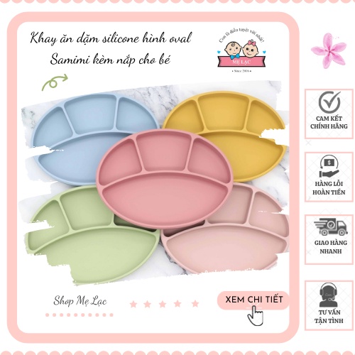 Khay ăn dặm silicone hình oval kèm nắp cho bé ăn dặm, đế hít chân không chống đổ chống lật