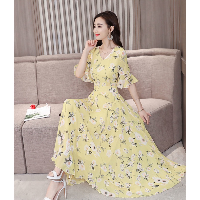 Đầm Dài Tay Ngắn Cổ Chữ V In Họa Tiết Hoa Nhí Xinh Xắn Thời Trang Cho Nữ