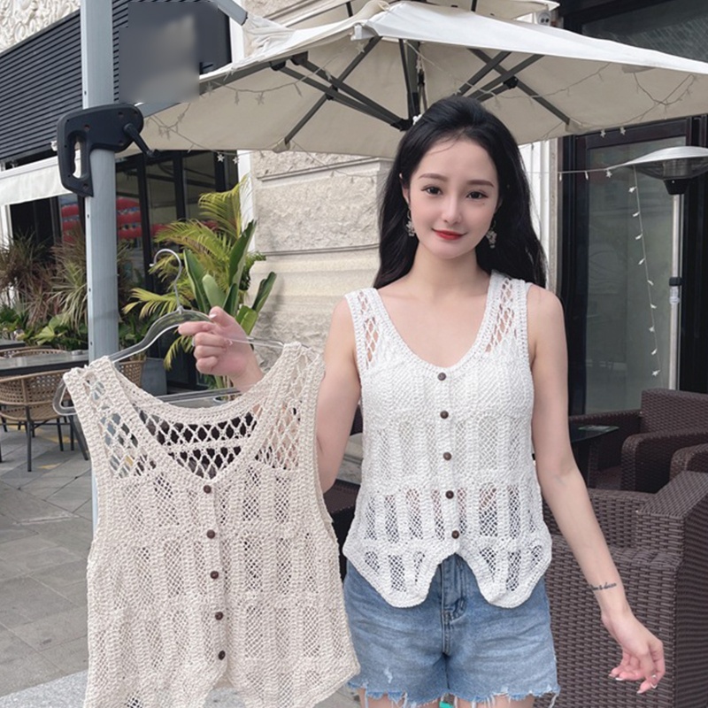 Brroa Áo Tank Top Dệt Kim Sát Nách Phối Lưới Khoét Lỗ Cài Khuy Thời Trang Mùa Hè Cho Nữ