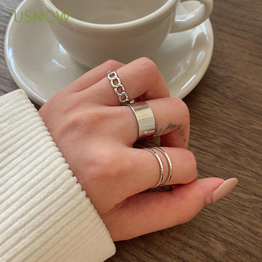 Bộ Nhẫn Kim Loại Bản Rộng Phong Cách Hàn Quốc Cổ Điển Cho Nữ