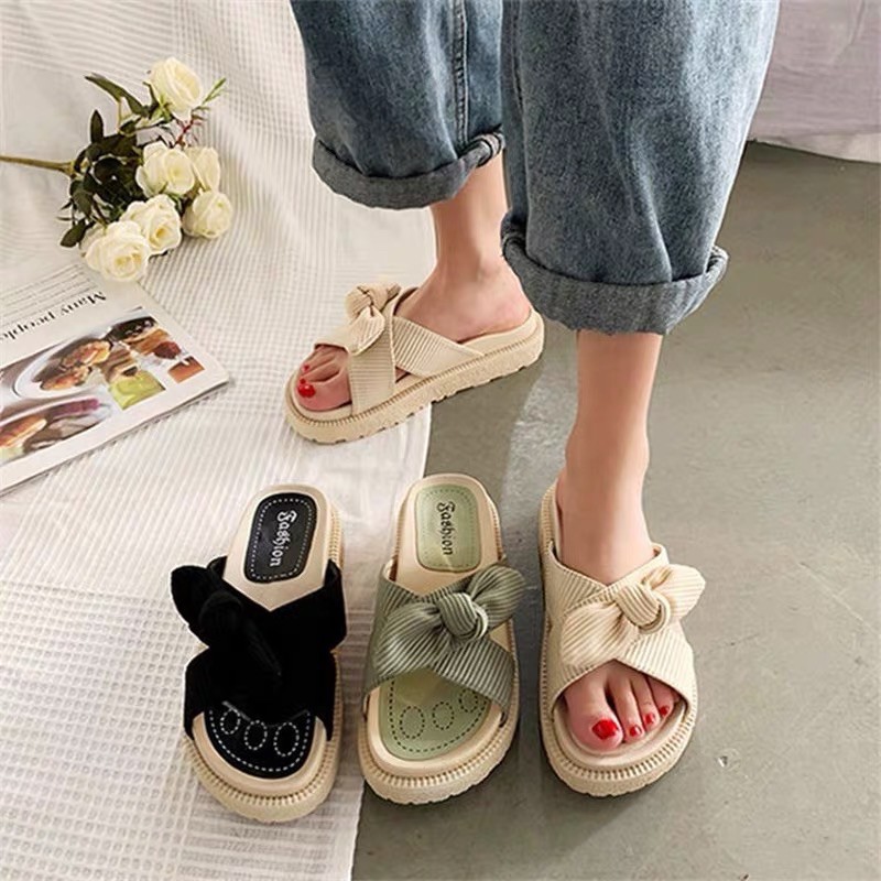 Dép lê bánh mì quai da lộn 4cm nơ chéo BIG SIZE 35-44