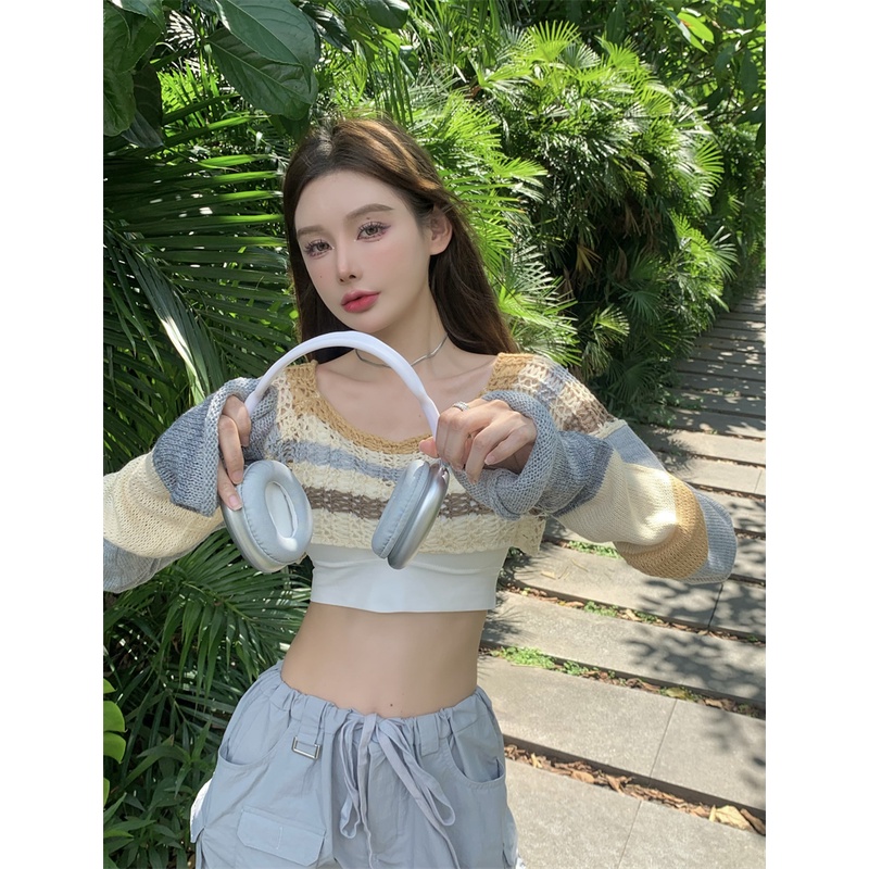 QKOOLE Áo croptop  dệt kim tay dài phong cách cổ điển Hàn Quốc cho nữ