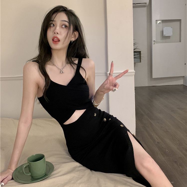 Đầm IELGY dệt kim màu đen dáng ôm phong cách Pháp thời trang sang trọng cho nữ