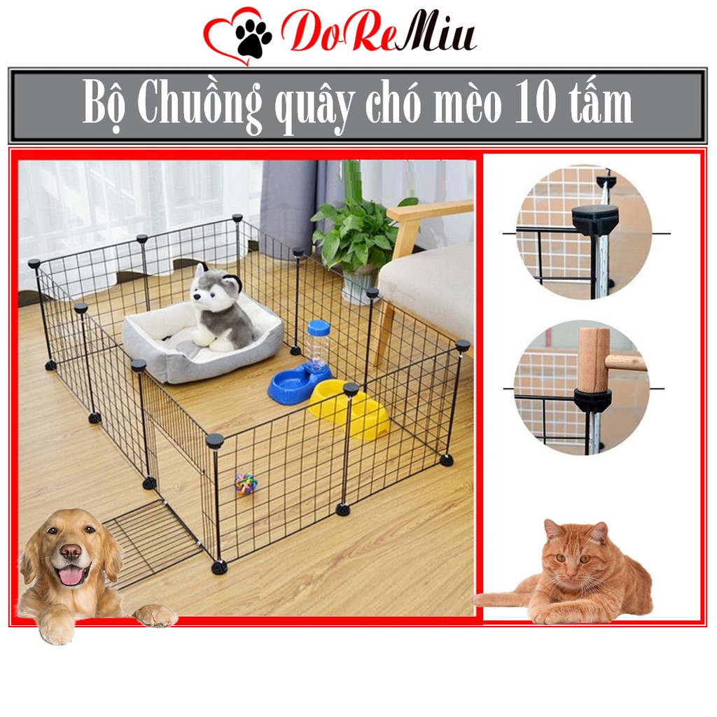 Doremiu- Bộ Chuồng quây chó mèo lưới lắp ghép có cửa chuồng cũi kèm chốt, dây rút
