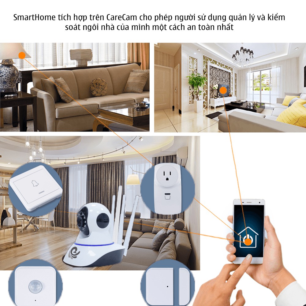 Camera WIFI không dây 3 râu Care Cam 2.0 Mpx full HD1080, xoay 360 độ, xoay bám theo chuyển động, đàm thoại 2 chiều | BigBuy360 - bigbuy360.vn
