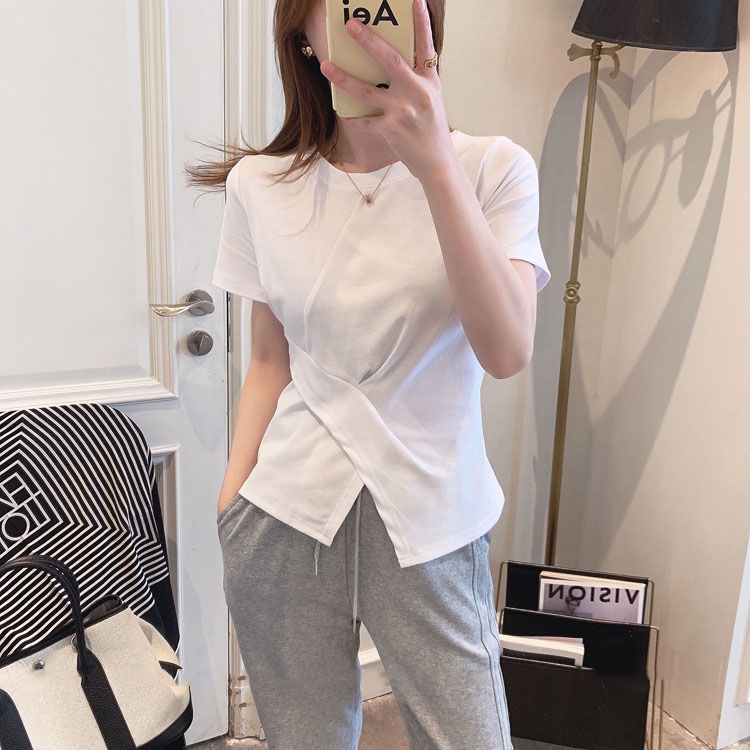 Áo Thun 95% Cotton Tay Ngắn Xẻ Tà Thời Trang Mùa Hè Phong Cách Hàn Quốc Mới Cho Nữ