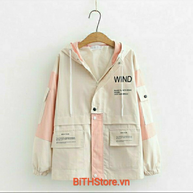 Áo khoác kaki nữ túi hộp dễ thương WIND phối màu đẹp, áo khoác nữ có mũ chống nắng thời trang