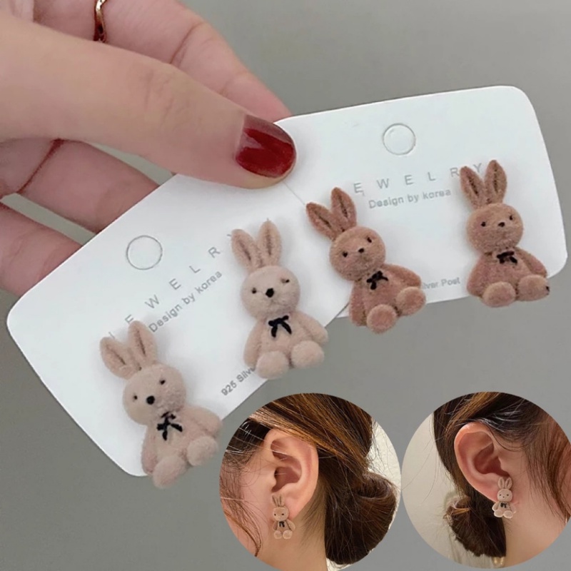 1 Đôi Bông Tai Hình Thỏ / Gấu Teddy Bằng Lông Nhung Dễ Thương Xinh Xắn Dành Cho Nữ