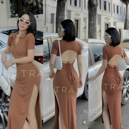Đầm body cổ trụ tay ngắn hở lưng cột dây cực xinh , chất thun gân mềm mịn
