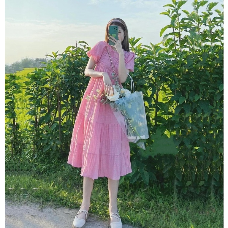 Váy Xốp Nhăn Tay Bồng Hai Lớp Pastel