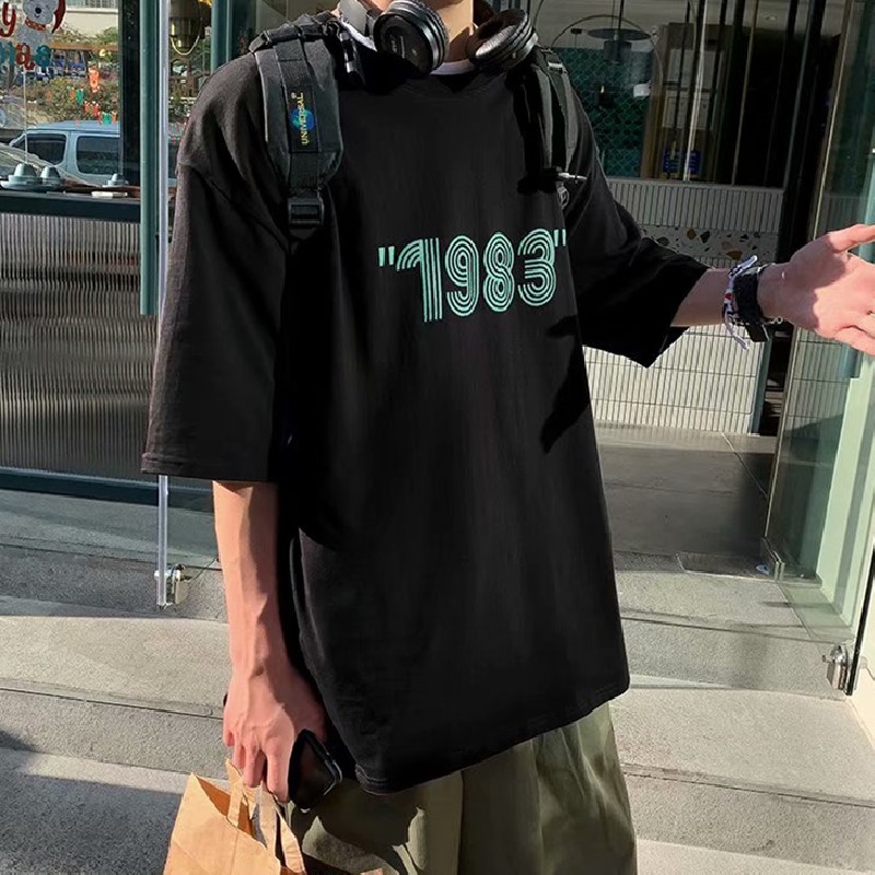 Áo thun cổ tròn dáng rộng in chữ phong cách Nhật Bản thời trang cho nam size M-5XL 1983