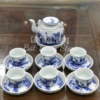 Ấm chén men lam cảnh Trúc Lâm Thất Hiền Bát Tràng Cao cấp