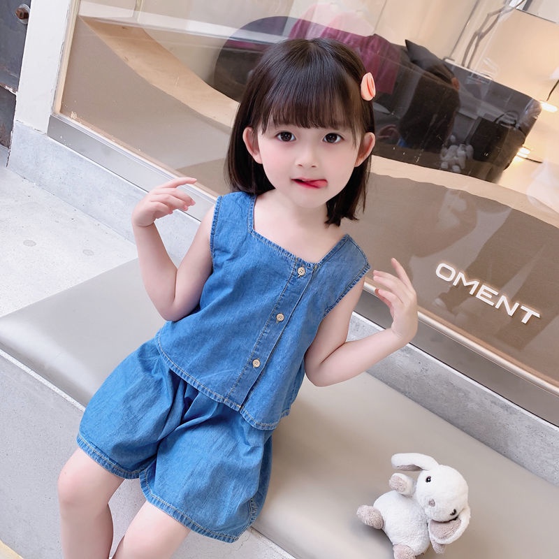 Bộ Áo Sát Nách Phối Quần Denim Kiểu Phương Tây Thời Trang Mùa Hè Mới Cho Bé Gái