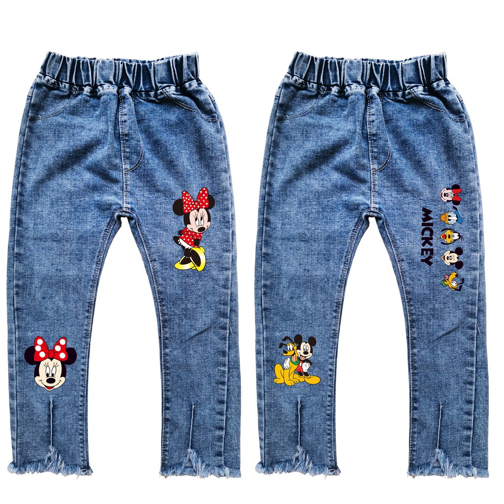 Quần Jean Dài In Hình Chuột Mickey Cho Bé Gái 1-7 Tuổi