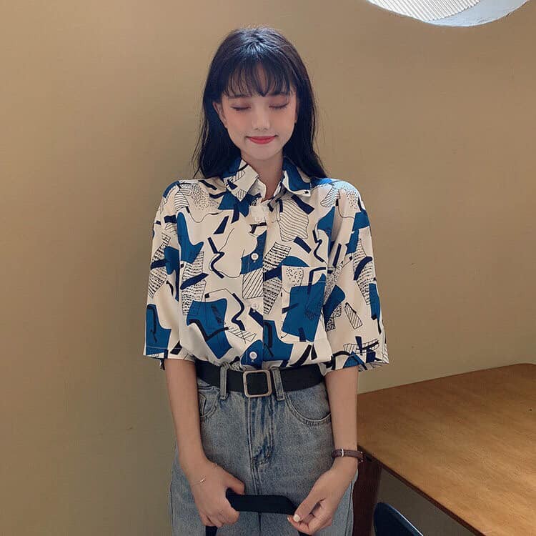 Áo SƠ MI NỮ form rộng in 3D cổ bẻ tay ngắn - lỡ dáng ulzzang freesize unisex mặc cặp, nhóm, HỌA TIẾT XANH PHỐI TRẮNG | BigBuy360 - bigbuy360.vn