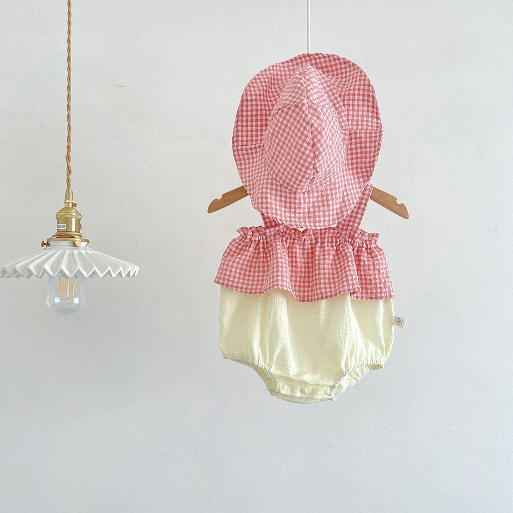 Áo liền quần Cotton Kẻ SọC Caro + Mũ Cho Bé GáI