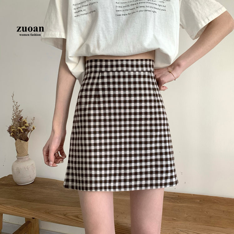 Chân váy SUXI chữ A eo cao hoa văn kẻ ô phong cách hàn quốc dành cho nữ