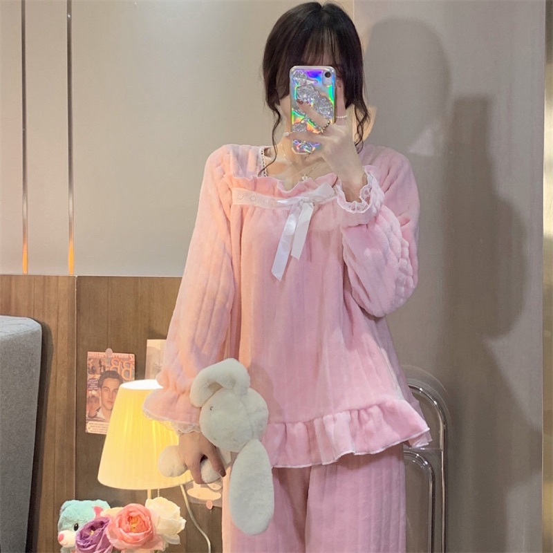 Bộ Đồ Ngủ Bông, Đồ Mặc Nhà Mùa Đông Giữ Ấm Thiết Kế Phối Nơ Tiểu Thư Xinh Xắn Nữ Tính
