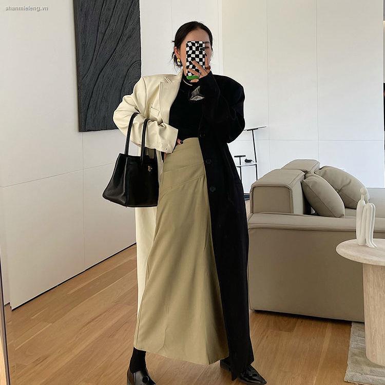 Áo khoác da dáng rộng phối màu trắng đen thời trang mùa thu cho nữ