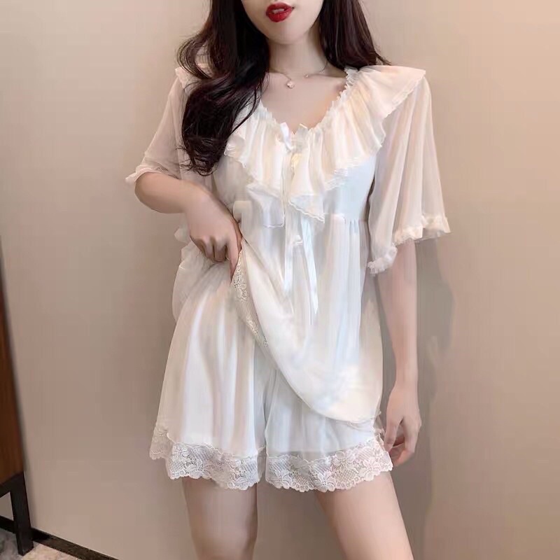 bộ mặc nhà ren trắng tiểu thư