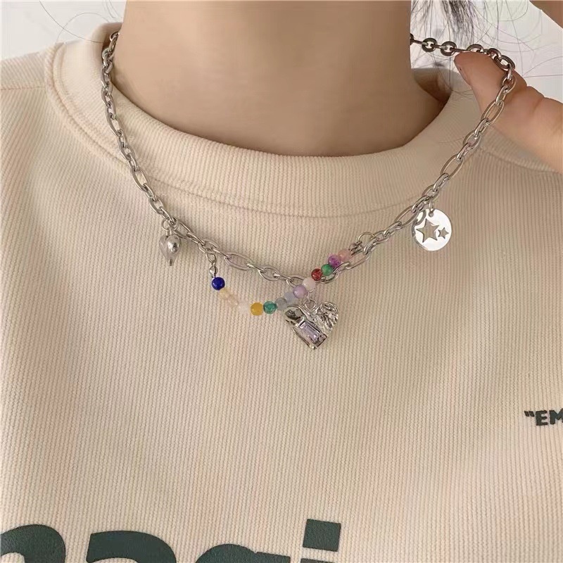 Vòng cổ Chuỗi Hạt Nhiều Màu Mặt Trái Tim Rỗng Thời Trang