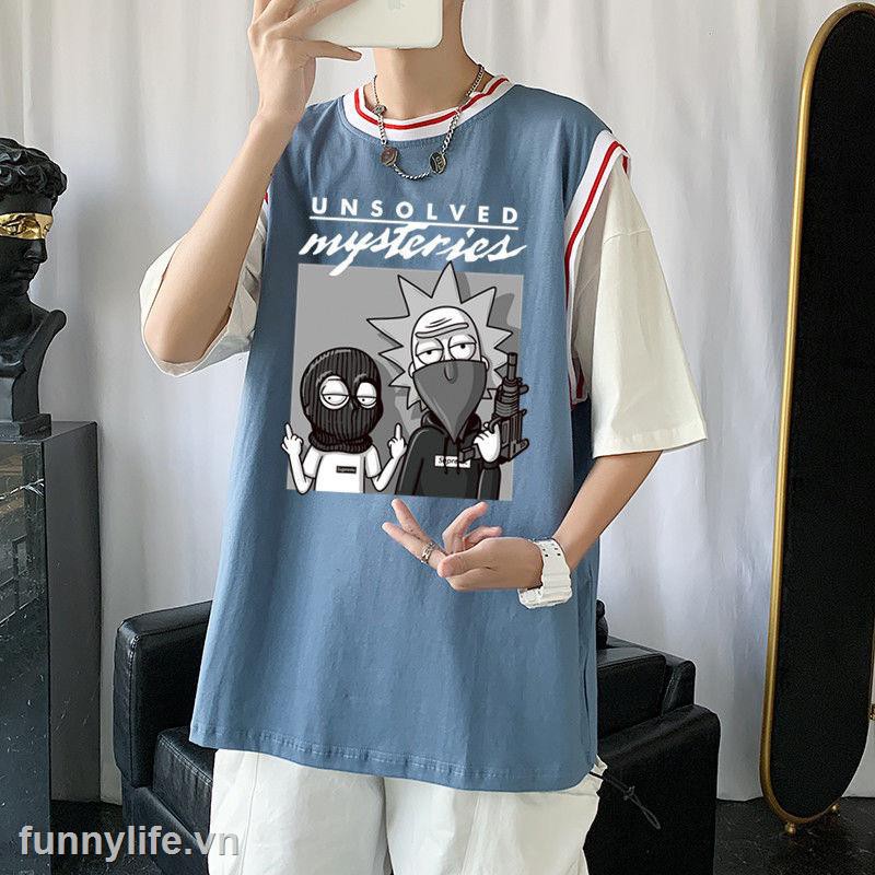 2021Fake two t-shirt male ins tide brand Summer loose Harajuku style short sleeve trend wild student oversize half sleeve