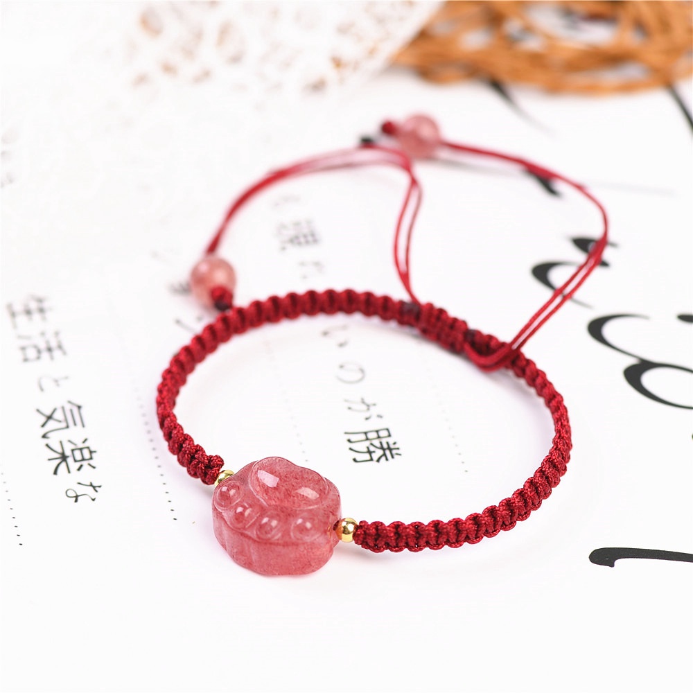 Vòng Tay Dây Bện Đính Đá Pha Lê Tự Nhiên Hình Dấu Chân Mèo/Dâu Tây