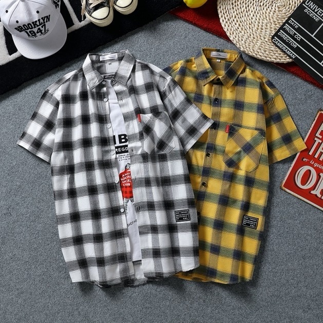 Áo khoác sơ mi tay ngắn dáng rộng họa tiết sọc caro thời trang cho nam