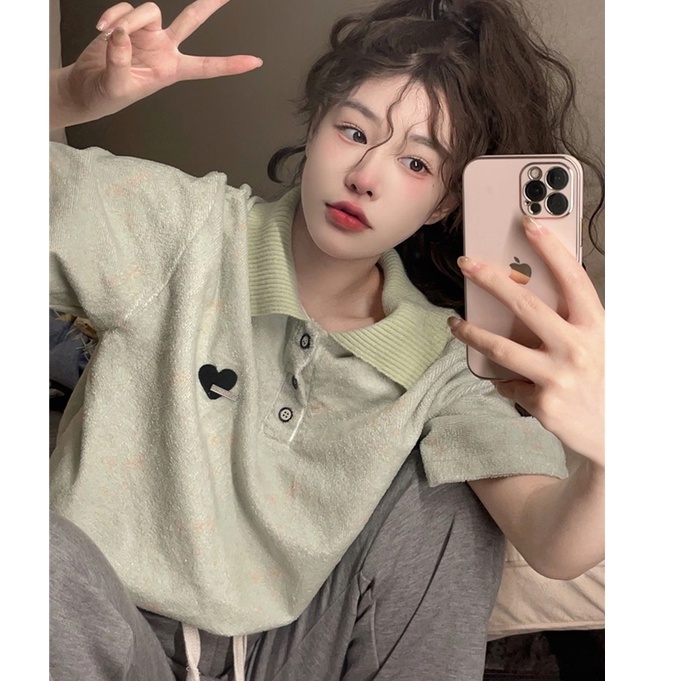 Áo Thun Dệt Kim Tay Ngắn Cổ Polo Màu Trơn Thời Trang Dành Cho Nữ