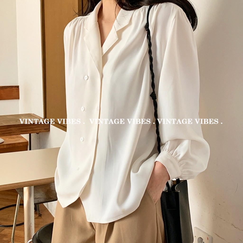 Áo kiểu sơ mi cổ vest 2 hàng khuy thanh lịch (hàng QCCC) - Ảnh thật cận chất 1000%