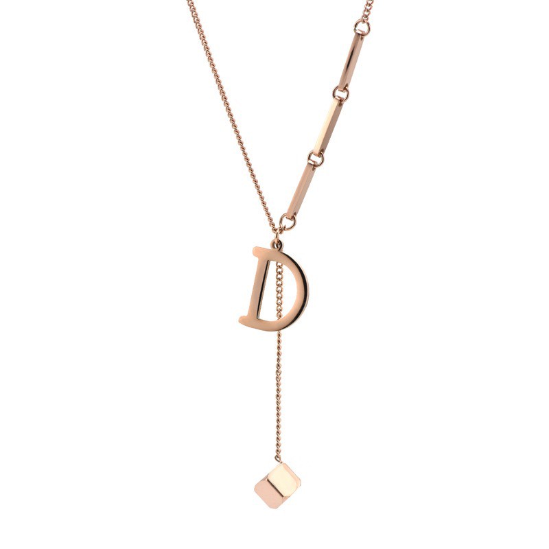 Dây chuyền bằng thép titan mạ vàng hồng 18K hình chữ D/ hình vuông nhỏ phong cách Hàn Quốc Dongdaemun khí chất sáng tạo