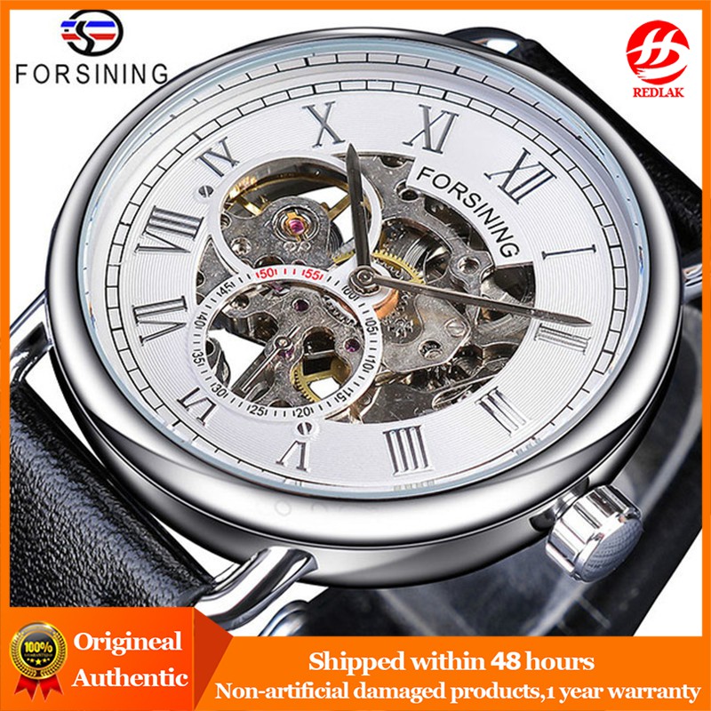 Forsining White Silver Openwork Watch Thời trang Đồng hồ cơ nam Thương hiệu hàng đầu sang trọng không thấm nước