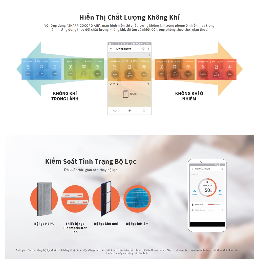 Máy lọc không khí và tạo ẩm Sharp KI-L60V-W ion Plasmacluster, Inverter, Diện tích 50m2
