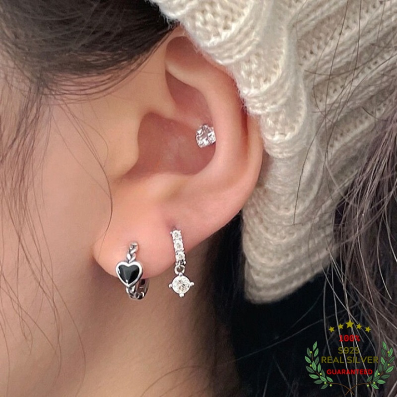 Bông Tai Bạc Thái S925 Khoen Tròn Trái Tim Đen Black Heart Trẻ Trung Cá Tính | Khuyên Tai Nữ Trang Sức Bạc Thời Trang