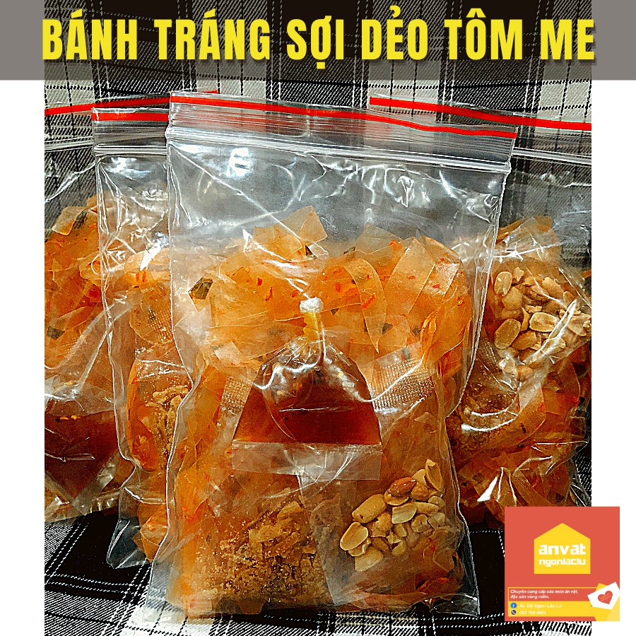 Bánh tráng SỢI DẺO TÔM ME chua chua cay cay (2 cái bánh tráng + topping me, đậu phộng, hành phi) | BigBuy360 - bigbuy360.vn