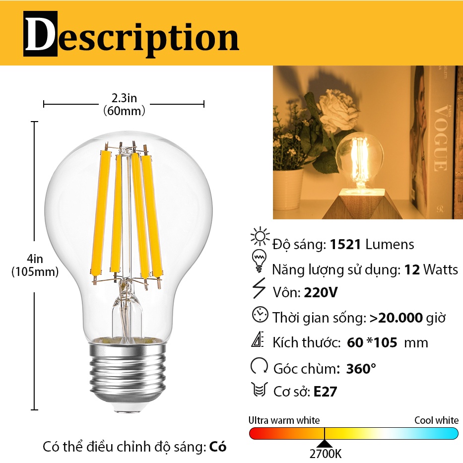 Bóng Đèn LED Dây Tóc A19 1521lm E27 B22 A19 7W 9W 12W 220V Siêu Sáng Trang Trí Phòng Khách