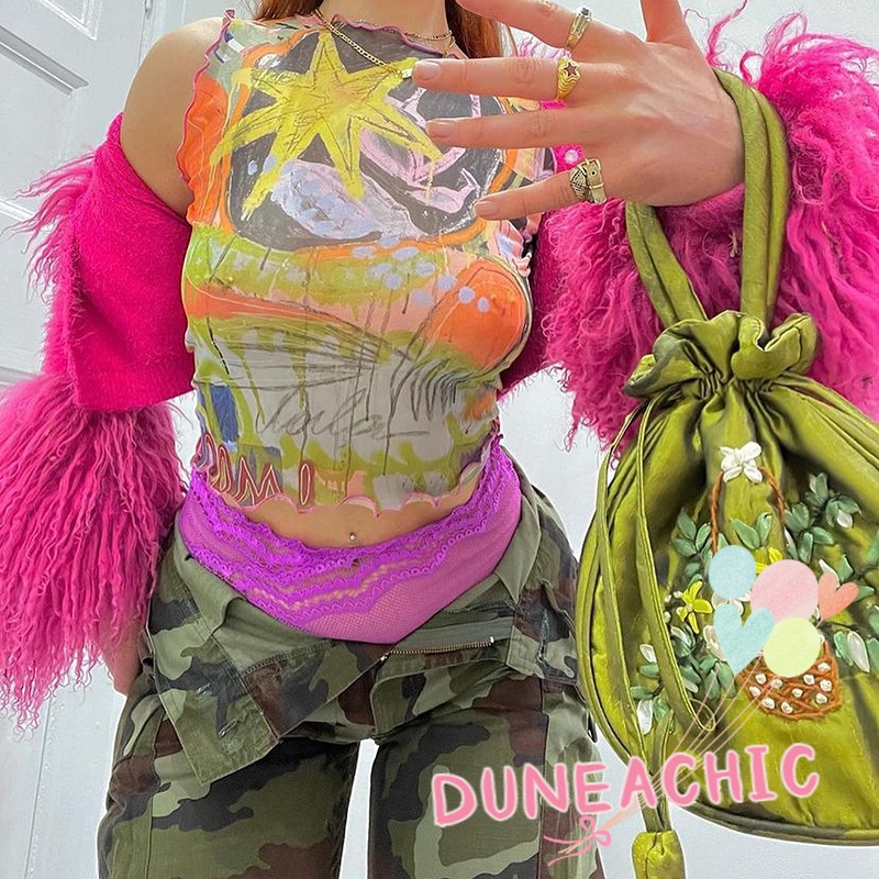 DUNEA Áo Tank Top Nhún Bèo In Họa Tiết Dễ Thương Thời Trang Cho Nữ