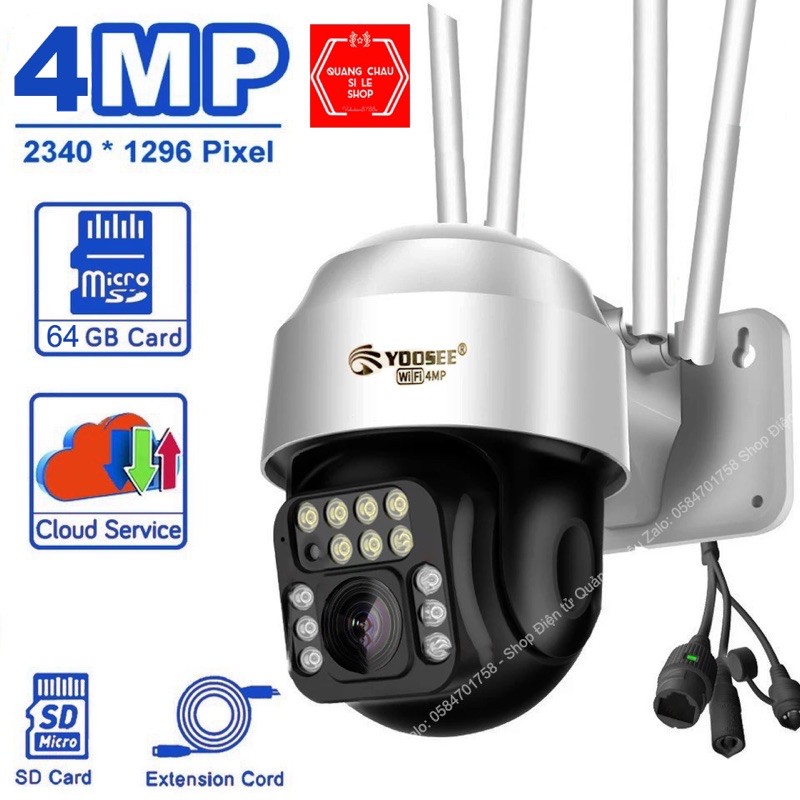 Camera IP Wifi Ngoài trời Yoosee PTZ 4Mpx 4 Râu FullHD 1080P 7 LED trợ sáng, 6LED hồng ngoại, hỗ trợ xoay 360