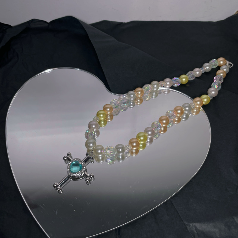 Dây chuyền 19924 chuỗi ngọc trai nhiều màu mặt thánh giá trái tim phong cách Hàn Quốc dễ phối đồ cổ điển