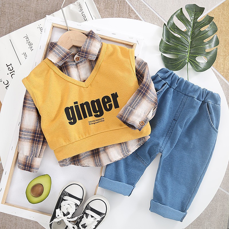 Quần áo trẻ em ⚡️𝗙𝗥𝗘𝗘𝗦𝗛𝗜𝗣⚡️Bộ quần áo Ginger màu vàng Smartkids TE2041 kết hợp  áo sơ mi kẻ caro với áo gile