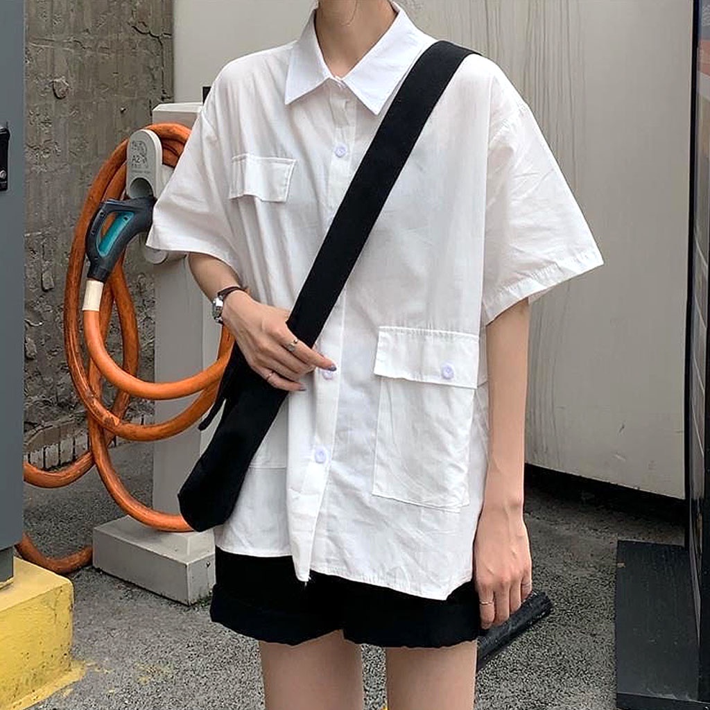 Áo Sơ Mi Nam Nữ Form Rộng TRƠN Basic Unisex Cộc Tay Trắng và Đen, Kiểu áo sơ mi suông Ulzzang