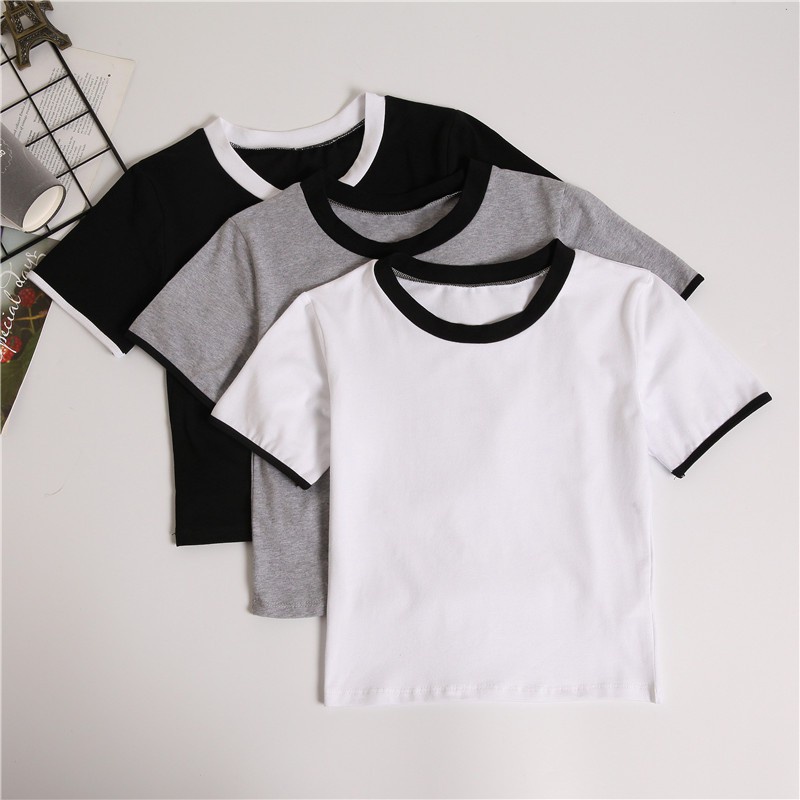 Áo Croptop Nữ Tay Ngắn Dáng Ôm Phối Viền Cổ 2 Màu Đen Trắng Xưởng May DCS