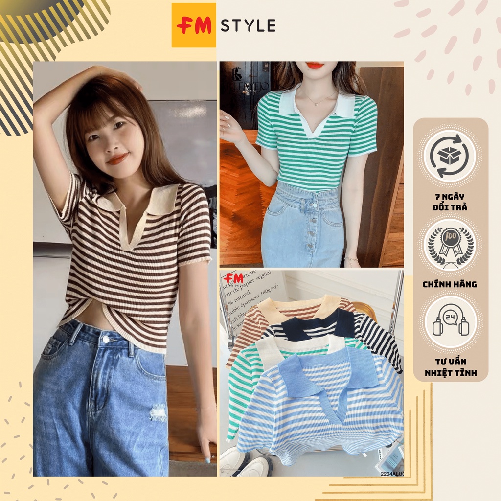 Áo cardigan nữ croptop cổ v hoạ tiết sọc fmstyle, áo polo nữ tay lỡ croptop phong cách Hàn Quốc | Fmstyle Shop 204250118