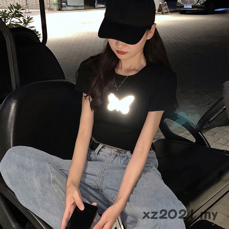 Áo Crop Top Nữ In Hình Bướm Màu Trắng Đen