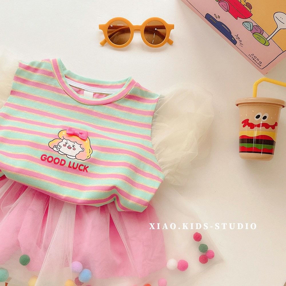 Set Áo Thun Tay Ngắn Phối Lưới Kẻ Sọc Màu Hồng Dễ Thương Thời Trang Hè 2023 Phong Cách Hàn Quốc Cho Bé Gái
