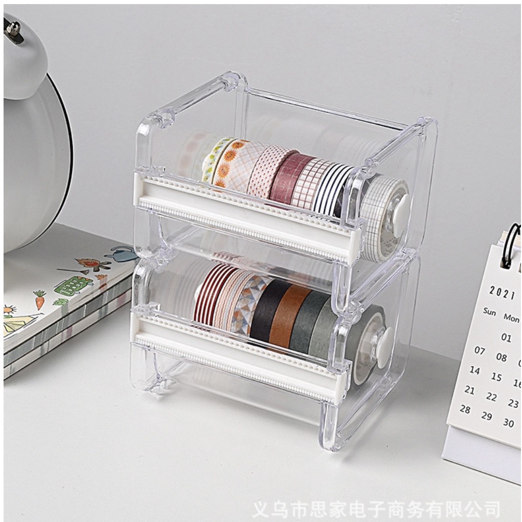 Hộp cắt washi tape Béo shop đựng cắt băng dính đa năng mini bằng nhựa Acrylic trong suốt size lớn 2 lưỡi dao tiện lợi