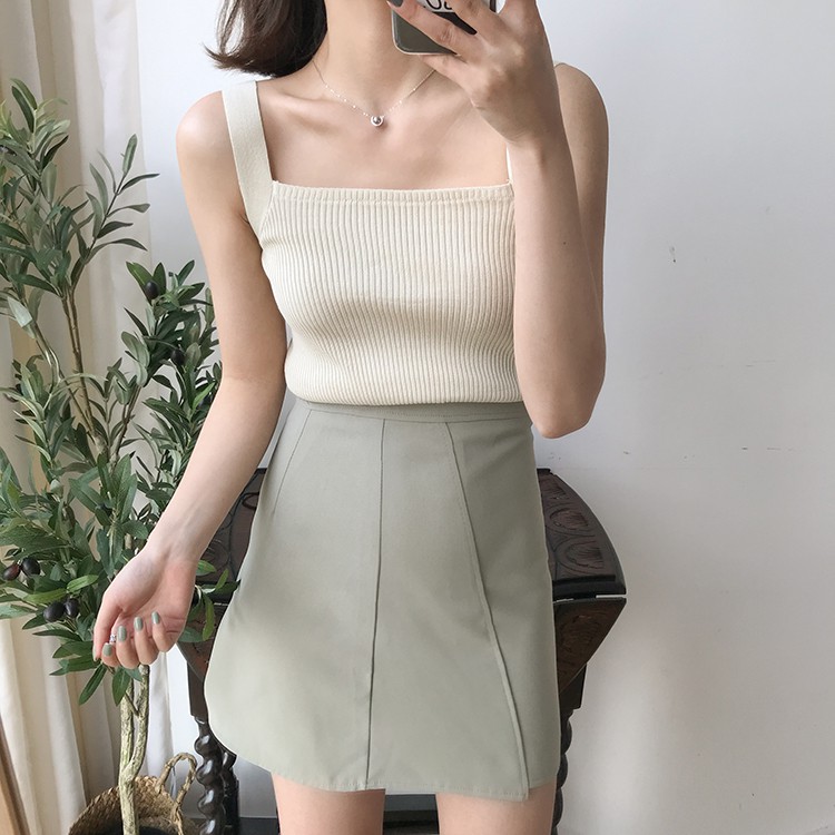 Áo hai dây dệt kim co giãn màu trơn ôm dáng phong cách cơ bản có 6 màu 27905