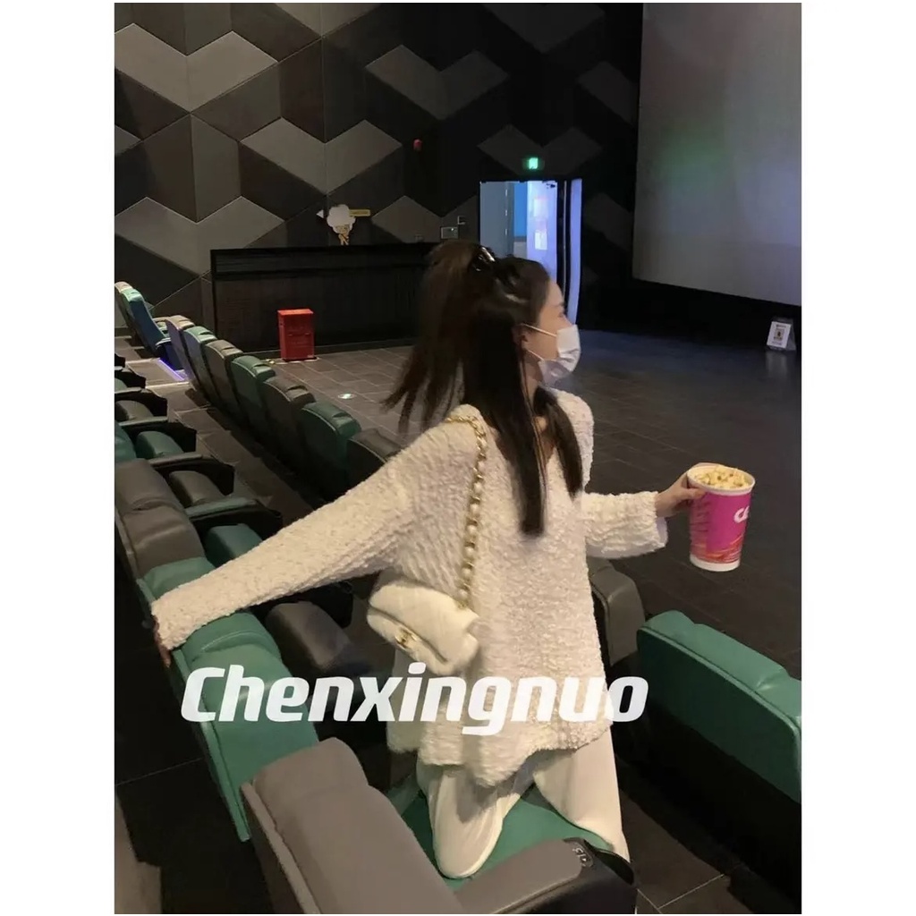 Áo Sweater Dệt Kim Cổ Chữ V Dáng Rộng Thời Trang Mùa Thu Phong Cách Hàn Quốc Cho Nữ