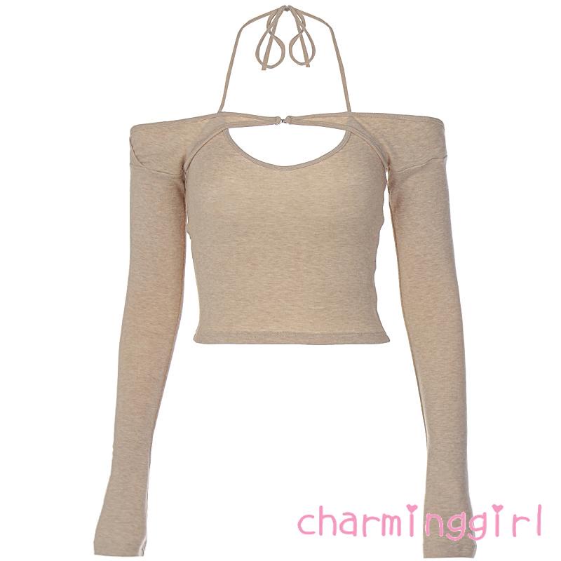 Áo croptop tay dài hở vai màu sắc thời trang cho nữ