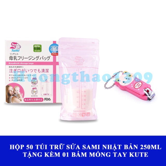 Hộp 50 Túi trữ sữa Sami Nhật Bản 250ml - Tặng thìa báo nóng